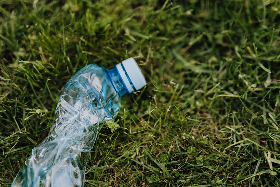 A close-up view of a crumpled clear plastic water bottle with a white and blue screw cap lying on a patch of green grass with small blades and scattered weeds. The plastic bottle appears partially crushed, with visible ridges and texture reflecting light, and rests diagonally across the grass surface. The environment suggests an outdoor setting, possibly a park or garden area, with the grass coverage appearing natural and slightly uneven. The scene highlights the presence of single-use plastic waste in a natural landscape, relevant to discussions on private waste disposal and rubbish removal services that offer alternative collection options to disposal through local authorities. The lighting indicates natural daylight, illuminating the bottle and grass, emphasizing the contrast between the man-made container and the organic background, subtly aligning with themes of environmental impact and waste management in urban or suburban outdoor spaces.